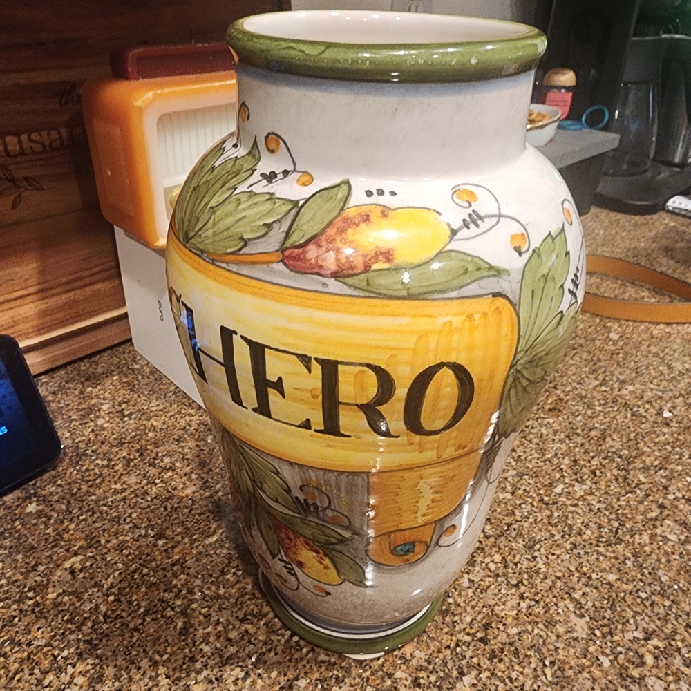 Hand-Painted Ceramic Vase with Yellow Banner and Fruit Motif
